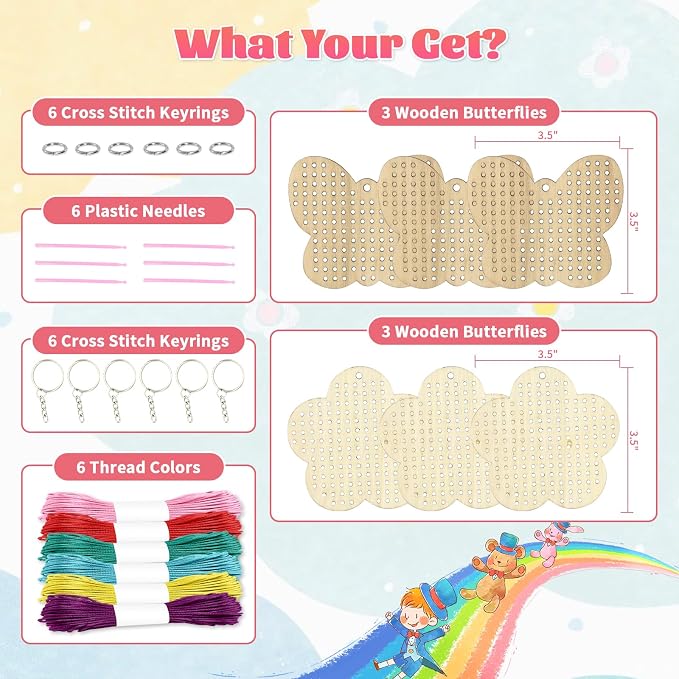 VKPI Wooden Cross Stitch Kits for Kids, Make Your Own 6 Cross Stitching Keyrings - Image 2