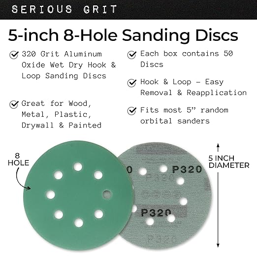 Sanding Discs 5 Inch 8 Hole 320 Grit - Heavy-Duty Hook & Loop Wet Dry Film Sandpaper Discs - Extra Fine Sand Paper for Random Orbital Sanders - Wood, Automotive, Metal, etc - 50 Pack Box