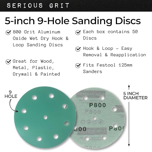 5-Inch 9-Hole 800 Grit Sanding Discs - Heavy-Duty Hook & Loop Film Discs - Sandpaper for Random Orbital Sanders - 50 Pack Box