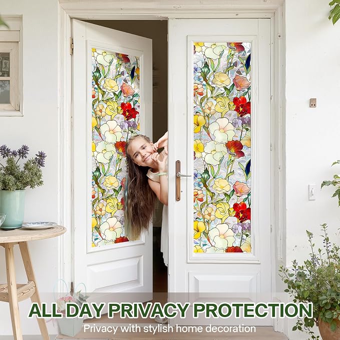 Stained Glass Window Film UV Resistant Window Privacy Film, Colorful Floral - Image 3