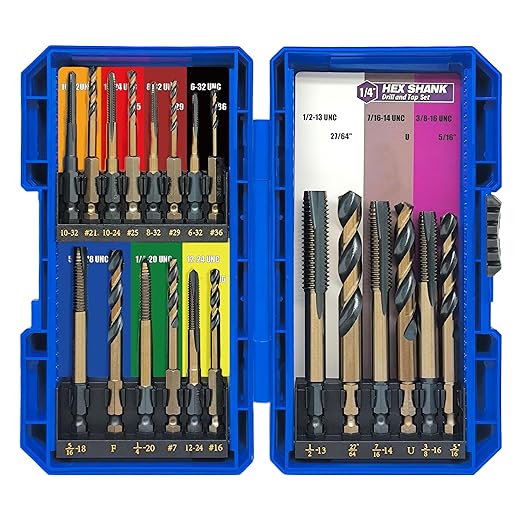 JEFE HEX Drill and Tap Set 20pc - Hex Shank Drill Bits & Thread Taps for Metal | MRO & Industrial Use | Quick-Change Combination tap 6-32UNC to 1/2"-13UNC | Impact Driver