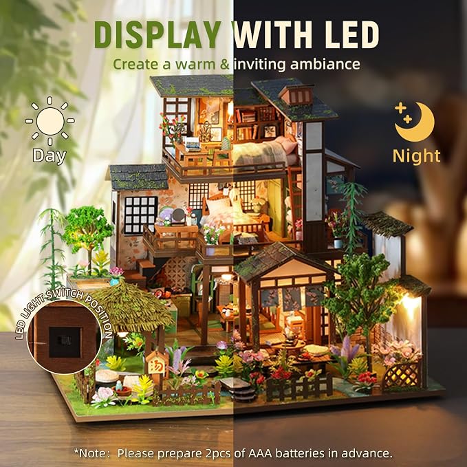 DIY Miniature House Kit with LED Lights, Bamboo Spring Courtyard Wooden Mini - Image 3