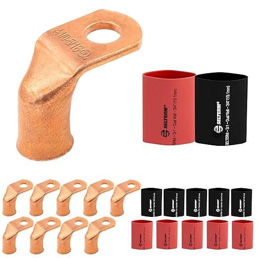 SELTERM 10pcs - 1/0 AWG 5/16" Stud 90° Bent Battery Lugs - Ring Terminal Connectors with 12pcs 3:1 Black & Red 3/4" Heat Shrink Tubing - Heavy Duty Battery Cable Ends - Bare Copper Wire Connectors Kit