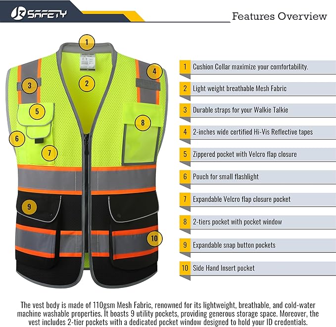 JKSafety 9 Pockets Class 2 Hi-Vis Safety Vest High Visibility Reflecitive Mesh Safety Vests for Men and Women Cushioned Collar Work Utility PPE Work Gear ANSI/ISEA compliant (101-YBlack XXL)