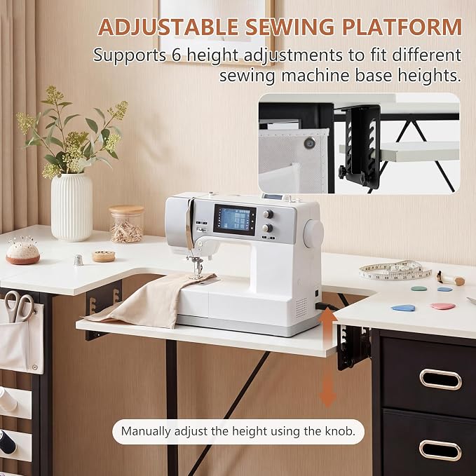 59" Folding Sewing Table with Adjustable Tabletop and Foldable Side Shelf | - Image 6