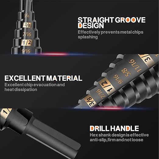 KSEIBI #4 HSS Step Drill Bit Set 3/16-7/8" with 3/8 Shank - Black Oxide Finish for Metal, Wood, Plastic Drilling - Durable, Precision Multi-Sized Bits with 3-Flat Shank 575050