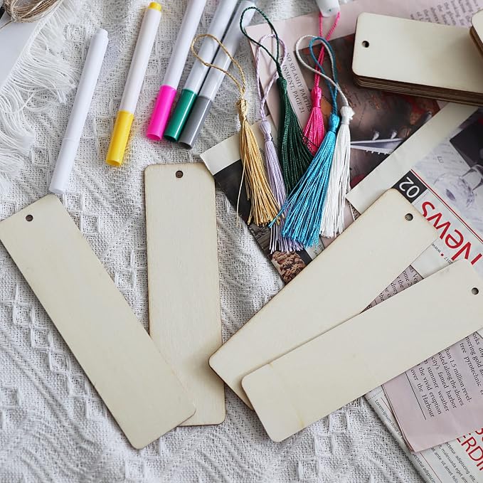 SWATOM Wood Bookmarks Blank DIY Wooden Bookmark Craft Bulk 50 PCS Unfinished - Image 5