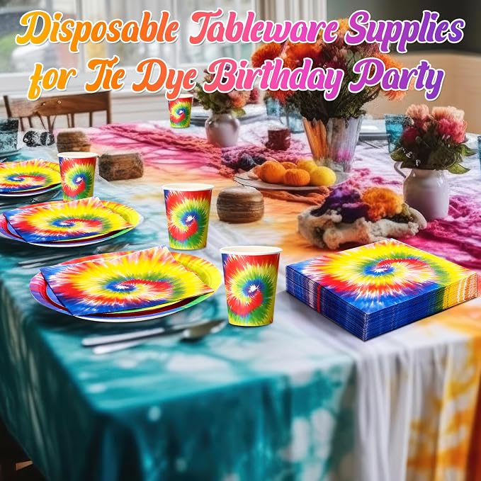 Mimorou 240 Pcs Tie Dye Party Tableware Set Decorations, 120 Plates, 60 Cups & - Image 5