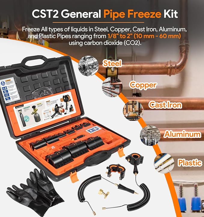 CST2 General Cold-Shot Pipe Freeze Kit, Tube Wire Plumbing Freezes Pipes from 1/8 Inch to 2 Inch, CO2 Water Pipe Plumbing Line Freezing Repair Kit for Copper Steel Aluminum Cast Iron