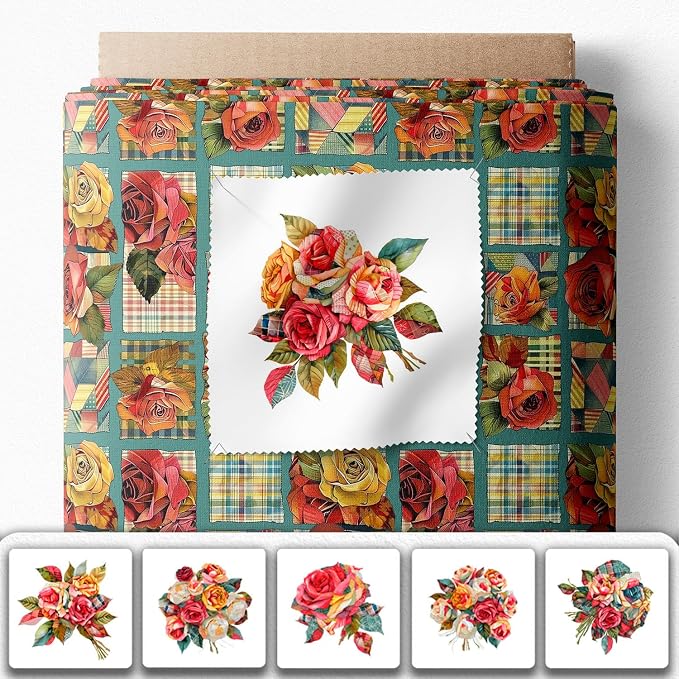 Vintage Rose Patchwork Cotton Fabric Panel – 6 Floral Designs + Bonus Patchwork - Image 2