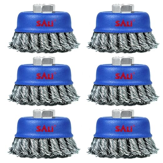 SALI 6 Pack Wire Cup Brush, 3 Inch Twisted Knotted Cup Brush for Grinders, with 5/8-11 Inch Arbor for Heavy Cleaning Rust, Stripping and Abrasive, for Angle Grinder