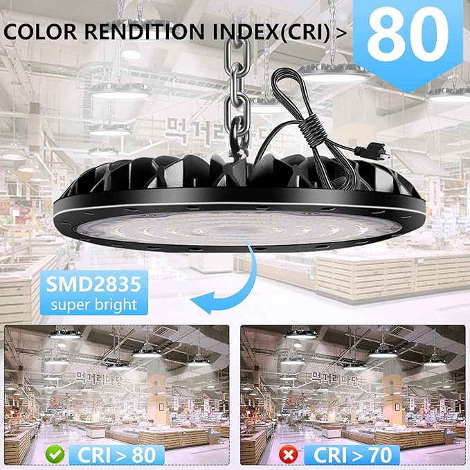 loyal 100W UFO High Bay Light 4 Packs, 10000LM LED High Bays Shop Lights, 6000K Daylight Bay Lighting with 1.2M Cable US Plug, Commercial High Bay or Warehouse Workshop Garage Factory