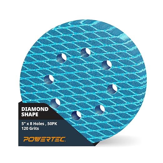 POWERTEC 5 Inch 8-Hole Hook and Loop Diamond Shaped Sanding Discs, 50PK, 120 Grit for Random Orbital Sanders – J-Weight Cloth Backing for Long Life, Anti-Clog Sandpaper (44912)