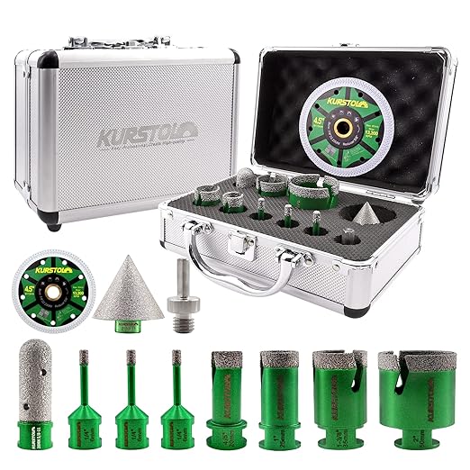 Diamond Core Drill Bits Kit - 11pcs 6/6/6/20/25/35/50mm+2" Beveling Chamfer Bit+3/4" Finger Milling Bit+Triangle Adapter to 5/8-11" Thread+4.5" Cutting disc for Porcelain Ceramic Tile Granite