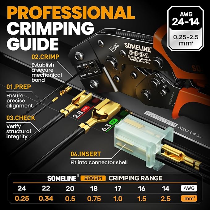 SOMELINE Automotive Wire Connectors Crimp Tool Kit, Crimper for 24-14 AWG Non-Insulated Quick Disconnect Terminals, with 2-9 Pin 2.8mm/6.3mm Plugs & Sockets, Includes Wire Stripper