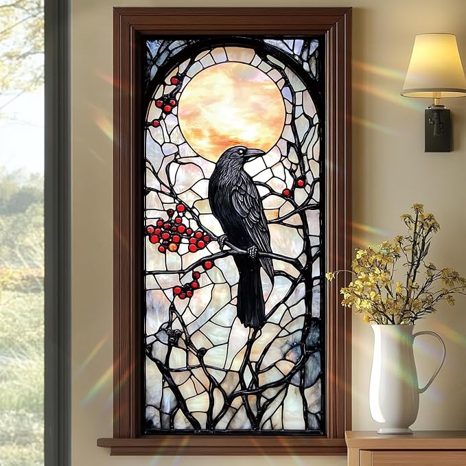 Stained Glass Style Raven Window Film, Gothic Inspired Privacy Decor by Unknown
