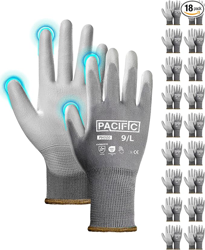 PACIFIC PPE Work Gloves for Men and Women, 18 Pairs Bulk Pack Mechanic Touchscreen Working Gloves, PU Coated, Mens Gardening Gloves, Lightweight, Grey, Large