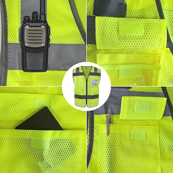 TCCFCCT High Visibility Reflective Safety Vest with 5 Pockets, ANSI/ISEA Class 2, Mesh-yellow-wolf 02, Medium