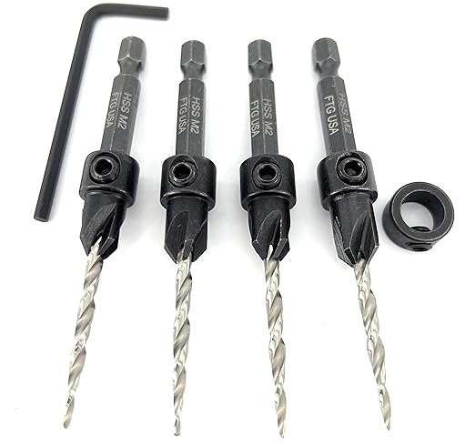 FTG USA Adjustable Wood Countersink Drill Bit Set 4 Pc #6 (9/64") with Tapered Drill Bit for Woodworking