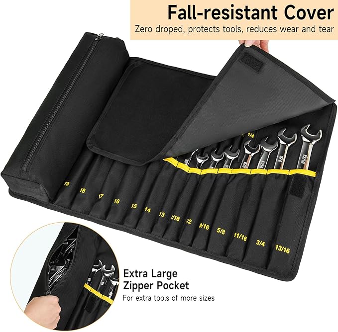 Wrench Roll Organizer (NOT for Ratcheting Wrench),Wrench Roll Up Pouch with 23+1 Pockets,Heavy Duty Tool Roll for Metric & SAE Wrenches,Large Wrench Holder Organizer Bag for Men,Mechanics(Black)