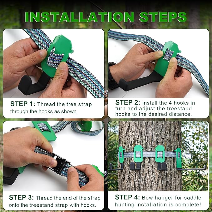 Tree Stand Strap Bow Hangers - Comes with 3 Metal Gear Hooks and 1bow Hanger Archery, for Tree Stand Platform Saddle Hunting Accessories-No Plastic Parts，Storage Bag Included
