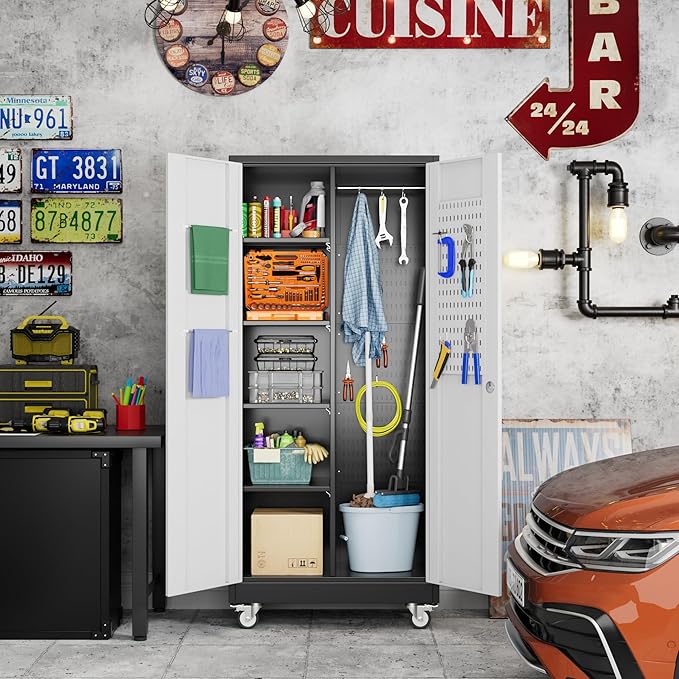 71" H Broom Storage Cabinet with Wheels and Doors,Rolling Tool Cabinet with Pegboard,Shelves and Rod for Garage Warehouse Home,Required Assembly,Black and White