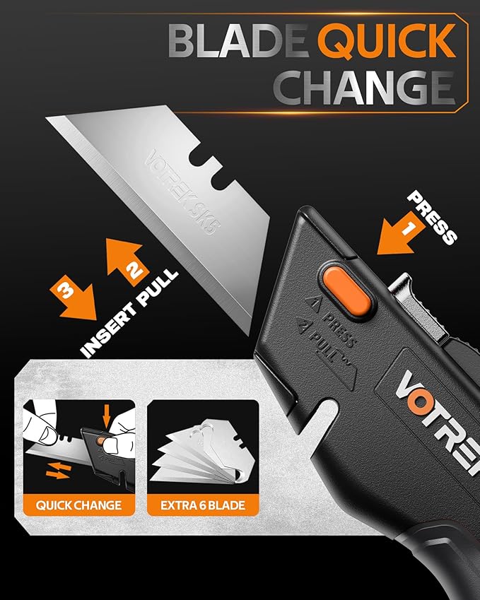 Box Cutter Utility Knife, [2-in-1] Retractable Box Cutter, Safety Heavy Duty Sharp Razor Knife for Home & Warehouse Cardboard, Carpet, Blade Storage, with Extra Razor & Hook Blades (Orange)
