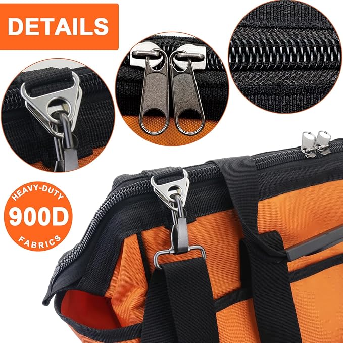 Tool Bag 16 Inch Molded Plastic Base Heavy Duty Waterproof Orange Tool Organizer Wide Mouth With Shoulder Strap for Power Tools and Hand Tools Oxford Cloth Fabric (16 Pockets)