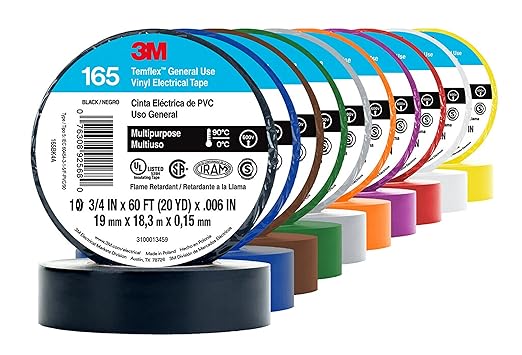 3M Temflex Multi-Purpose Vinyl Electrical Tape 165, Brown, 3/4 in x 60 ft (19 mm x 18 m), 10 Roll Pack