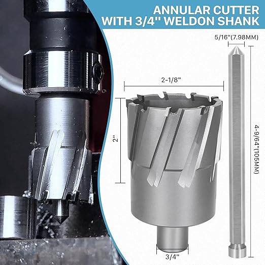 KEENTECH Carbide-Tipped Annular Cutter, 2-1/8" Diameter x 2" Depth, 3/4" Weldon Shank (2 Flat), High Speed Cutting TCT Mag Drill Bit with Pilot Pin for Harder Material, Stainless Steel, Cast Iron