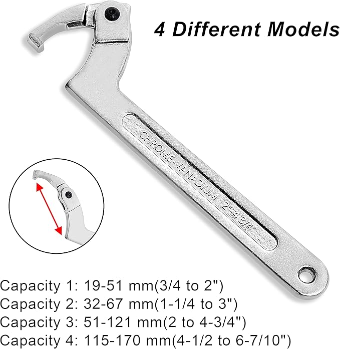 Wadoy Spanner Wrench Set Adjustable C Pin Spanner Hook Wrench Chrome Vanadium 4 Pcs Include 3/4-2", 1 1/4-3", 2-4 3/4", 4 1/2-6 7/10" for Vehicles Mechanical Equipments Tighten Lock Nuts and Bearings