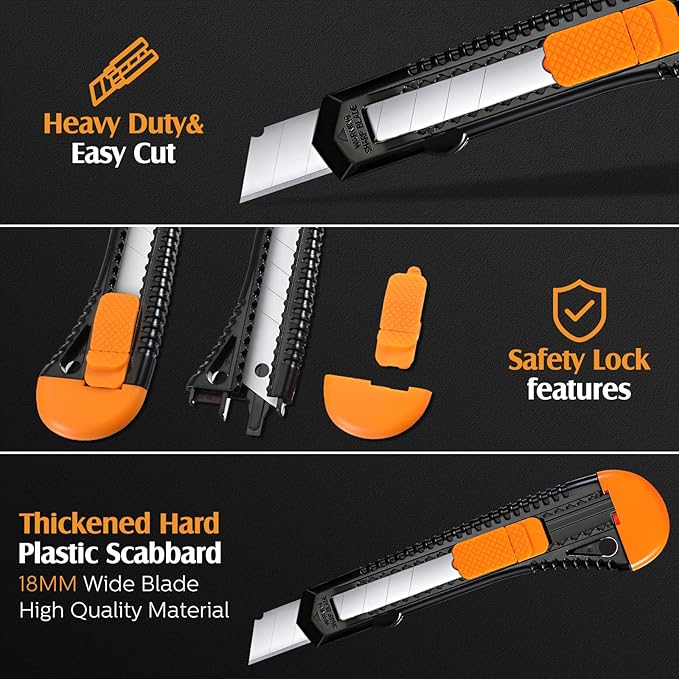 Lasnten 50 Pack Box Cutter Retractable Utility Knife 18mm Wide Blade Cardboard Cutter Suitable for Office Art, Craft and Home Use
