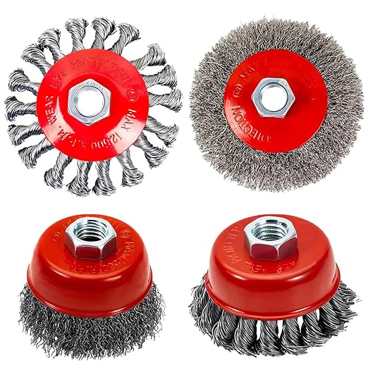 Wire Wheel Brush Set for 4-1/2" Angle Grinders, 3 & 4 Inch, 5/8-11 Thread, Knotted & Crimped Wire, 4-Pack,for Removing Rust, Paint,Corrosion, Burrs, Scales