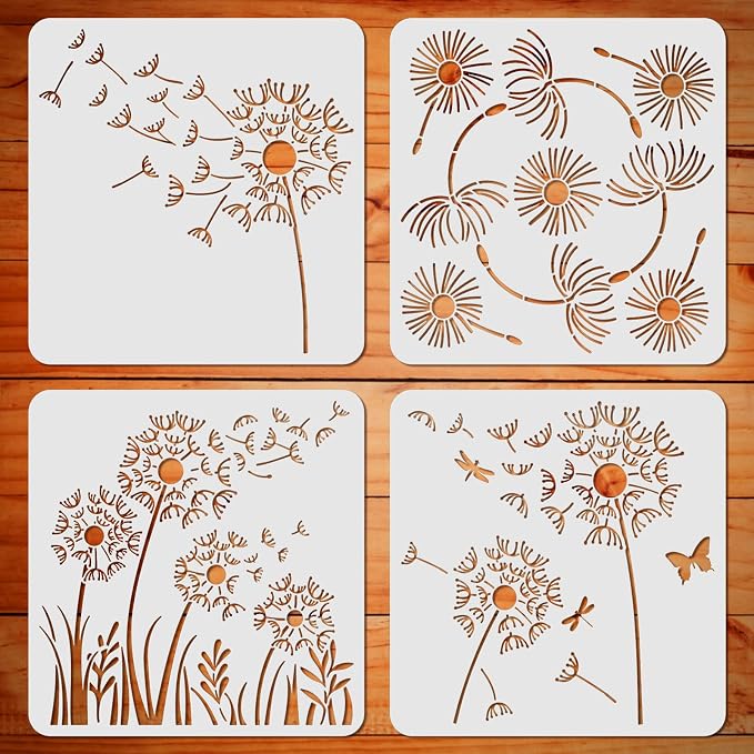 ORIGACH 4 Pcs 12 x 12 Inch Reusable Dandelion Wall Painting Stencils | by ORIGACH