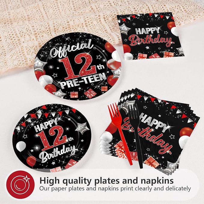 96Pcs Red and Black Party Decorations Happy 12th Birthday Plates and Napkins 12 - Image 4