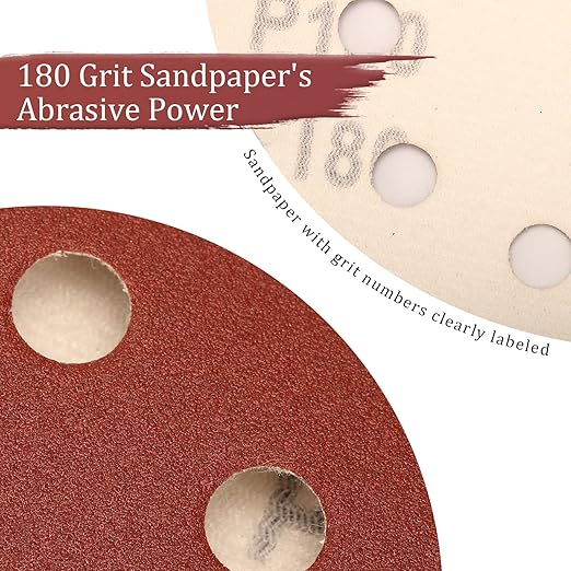 100 PCS 180 Grit 5 Inch Sanding Discs, Hook and Loop Sandpaper for Random Orbital Sander
