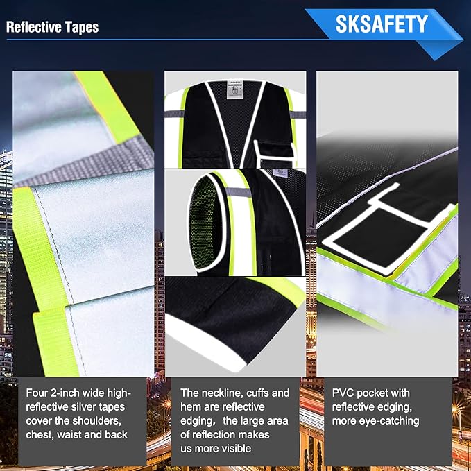 SKSAFETY 10 Pockets Safety Vest, Class 2 High Visibility Security with Zipper Back Mesh, Hi Vis Vest with Reflective Strips, ANSI/ISEA Standard, Construction Work Vest for Men ＆ Women （Black, L）