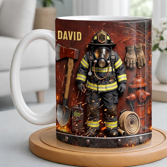 Personalized Firefighter Gifts for Men Dad Custom Name Mug, Fireman Gear Design - Image 2