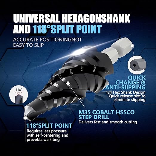 GSTK Pro Max 1/4" - 3/4" Four Spiral Flute Cobalt Step Drill Bit, Impact Ready, for Metal, Stainless Steel, Aluminum, Wood, Plastic with 1/4" Hex Shank