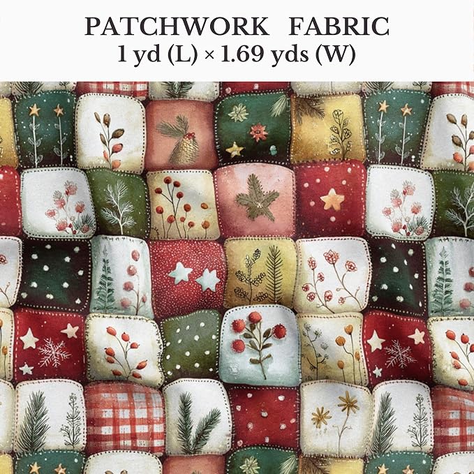 Patchwork Cotton Fabric Panel 61 x 36.6 Inches, Christmas Botanical Squares - Image 2