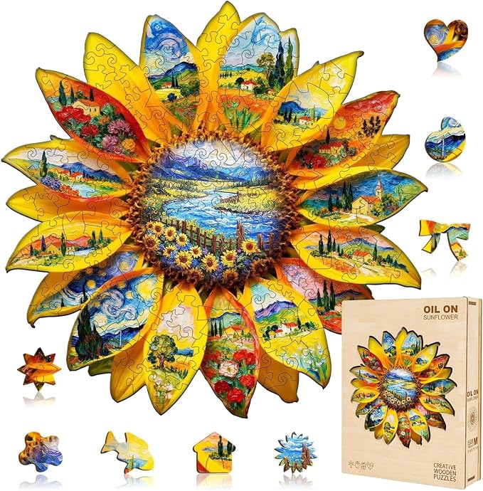 Wooden Sunflower Puzzles Adults, Flower Shaped Wood Puzzle 245 Pieces, Oil by Jollitot