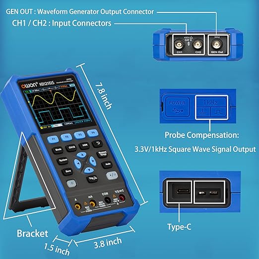 HDS2102S Oscilloscope, 100MHz Bandwidth 2+1 CH Digital Handheld Oscilloscope Multimeter, 3 in 1 Waveform Generator for Electronic Measurement, Circuit Design Test