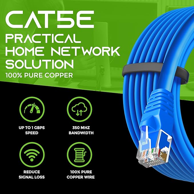 GearIT 100-Pack, Cat5e Ethernet Patch Cable 2 Feet - Snagless RJ45 Computer LAN Network Cord, Blue