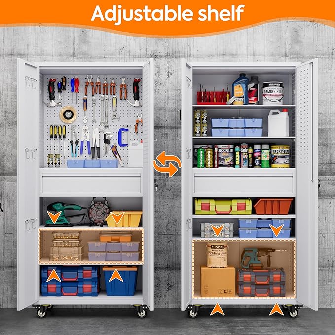 Metal Garage Storage Cabinet with Wheels,71" H Rolling Tool Cabinet with Pegboard,Hooks and 1 Drawer for Garage Warehouse Home, Assembly Required,White