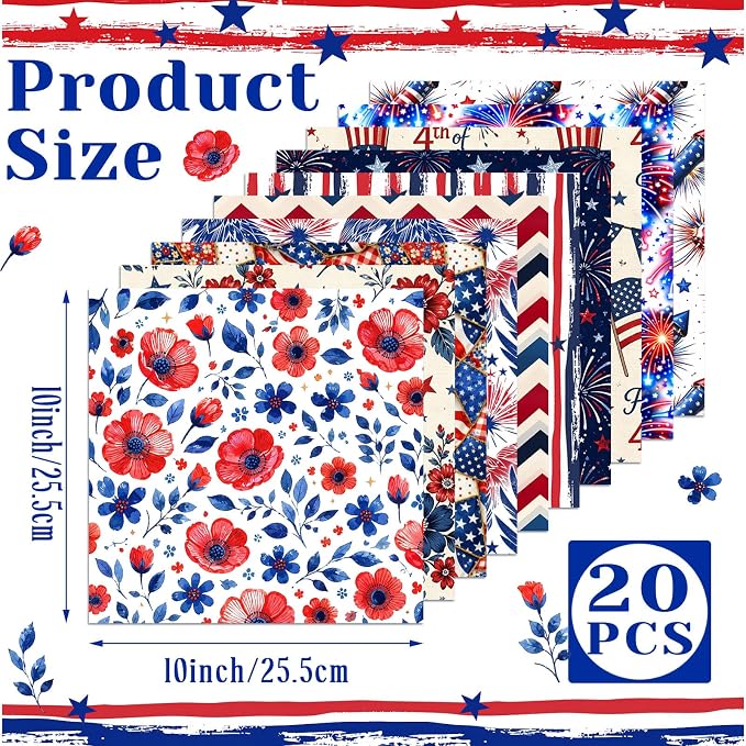 HunnmingRe 20 Pcs 10''x10'' Patriotic Quilting Fabric Square Red White Blue - Image 2