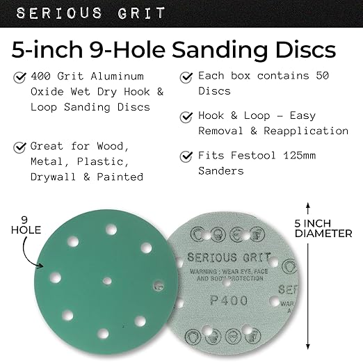 5-Inch 9-Hole 400 Grit Sanding Discs - Heavy-Duty Hook & Loop Film Discs - Sandpaper for Random Orbital Sanders - 50 Pack Box