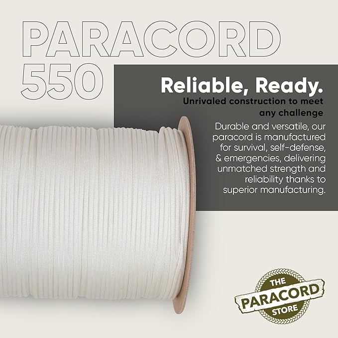 The Paracord Store | Type III 550 Paracord - 1000 FT Spool, White | Heavy Duty 7 Strand Tactical Paracord - USA Made Nylon Outdoor Parachute Cord for Camping, Fishing & More - Survival Cord
