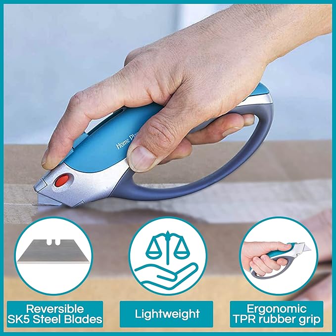 Box Cutter Retractable Utility Knife - Two Pack Heavy Duty Box Cutter Knife Cardboard Cutter - Box Opener Razor Knife - Box Knife Carpet Cutter with 5 Sharp Utility Blades (Blue 2 Pack)