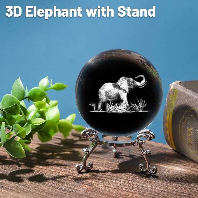 3D Elephant Crystal Ball with Stand Lase Engraved Glass Sphere Paperweight - Image 3