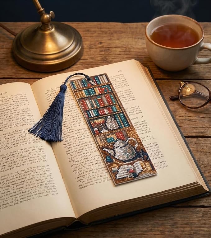 4PC Blue Bookshelf Counted Cross Stitch Bookmark Kit - Image 4